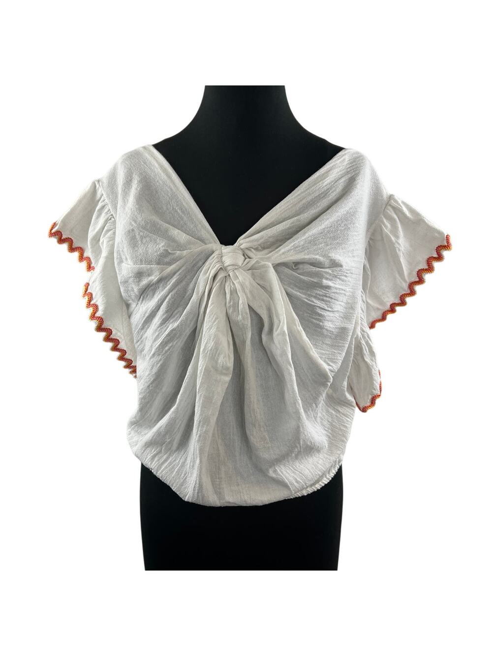 Line And Dot White Orange Top Linen Knotted Front Ruffle Sleeve Size Large L NEW